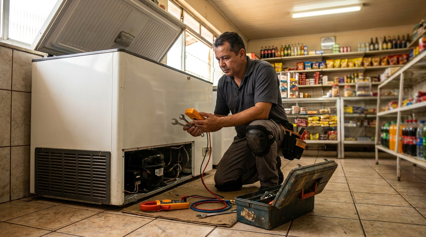 Técnico realizando manutenção de motor de freezer em Cabo Frio‑RJ