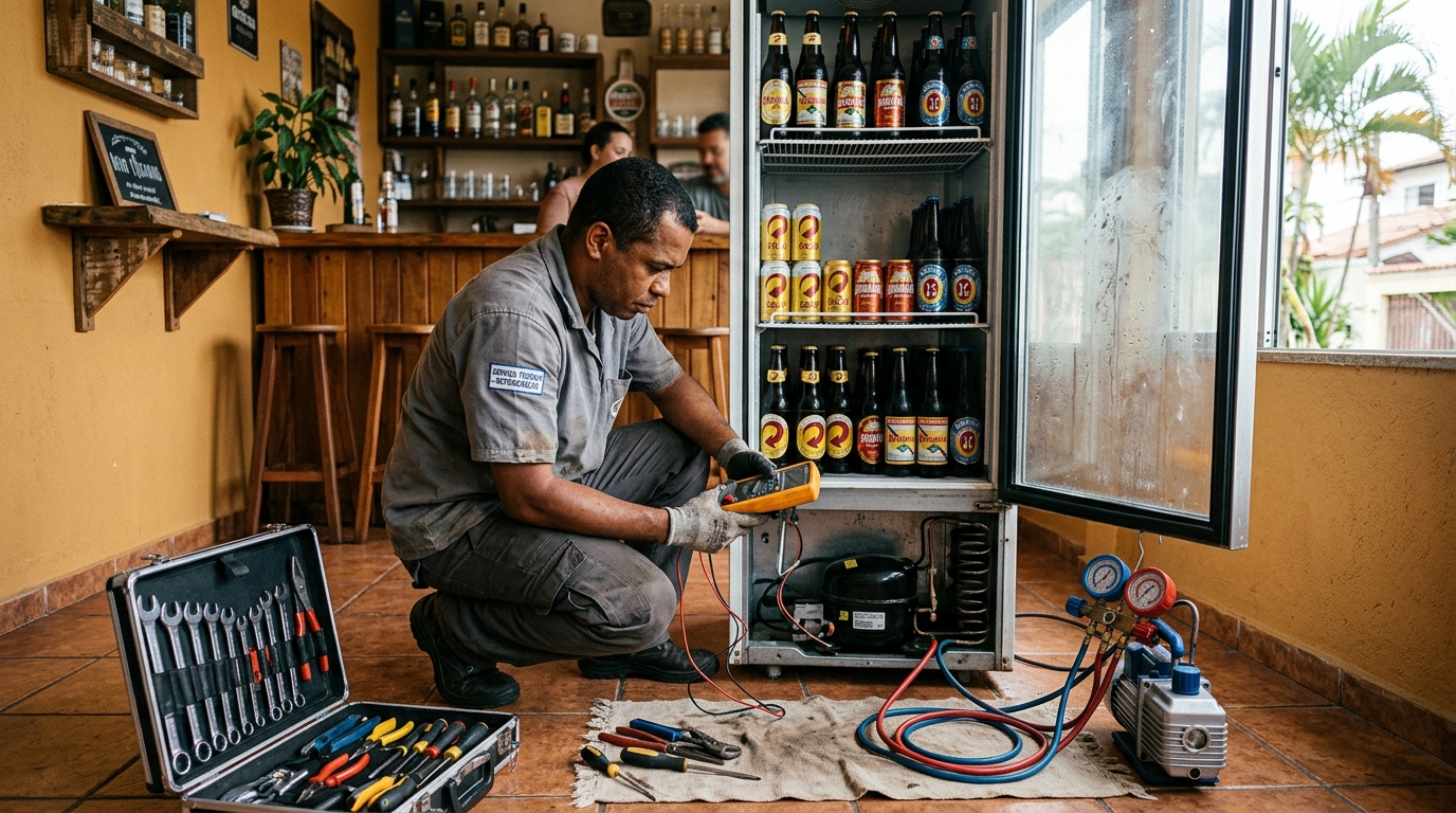 Troca de termostato de cervejeira em atendimento técnico em Cabo Frio‑RJ