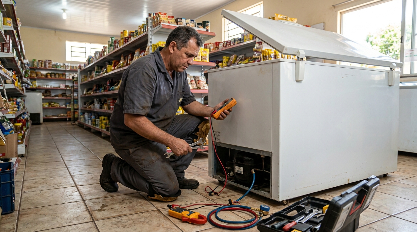 Troca de termostato de freezer em atendimento técnico em Cabo Frio‑RJ